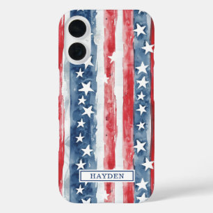 Funda iPhone 16 Monograma de Estrellas y Franjas con Acuarela Patr