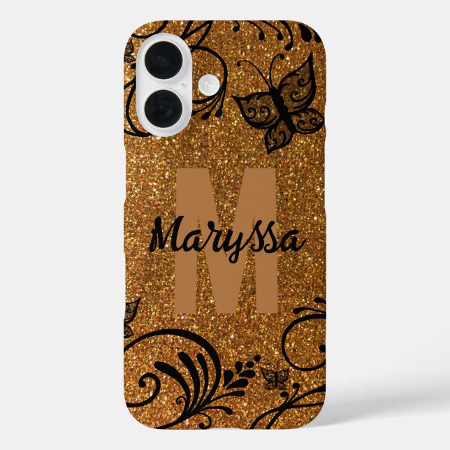 Funda iPhone 16 Monograma de flor de mariposa Purpurina de oro neg (Reverso )