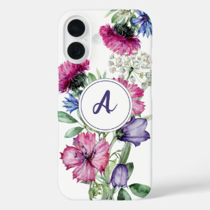Funda iPhone 16 Monograma de flor silvestre azul acuático