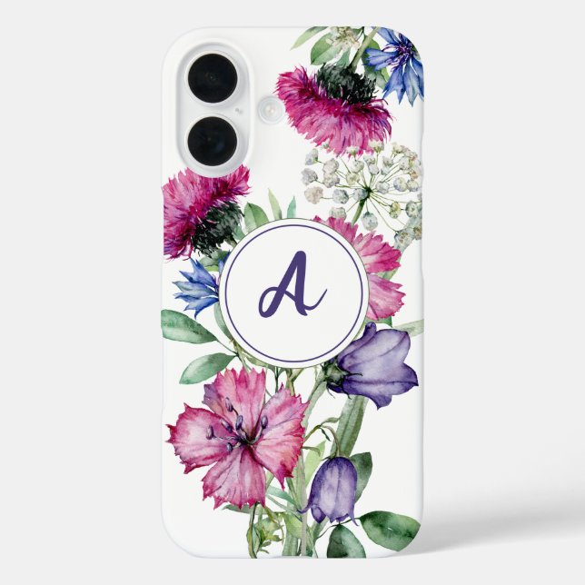 Funda iPhone 16 Monograma de flor silvestre azul acuático (Reverso )
