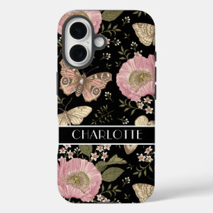 Funda iPhone 16 Monograma de flor silvestre moderna de color negro