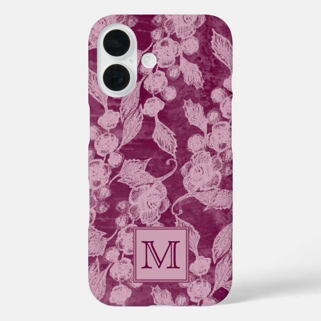Funda iPhone 16 Monograma de floral púrpura de cerezas y flores (Reverso )