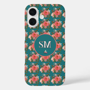 Funda iPhone 16 Monograma de floral rosa boho