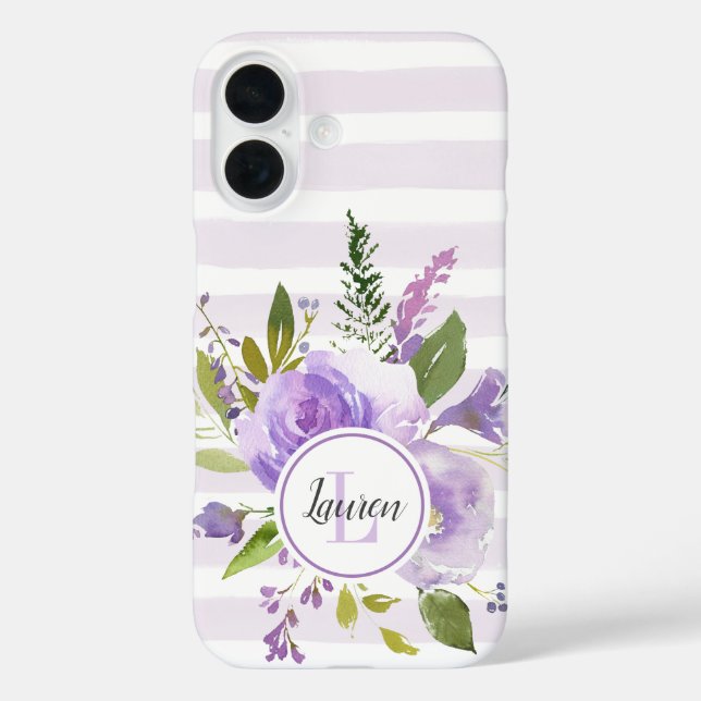 Funda iPhone 16 Monograma de Floral y Tiras Lilac (Reverso )