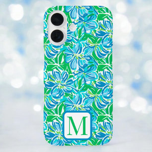 Funda iPhone 16 Monograma de flores azules de adormidera