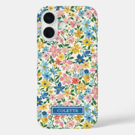 Funda iPhone 16 Monograma de flores azules y amarillas ditsy