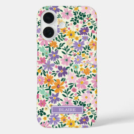 Funda iPhone 16 Monograma de Flores Ditsy Moradas