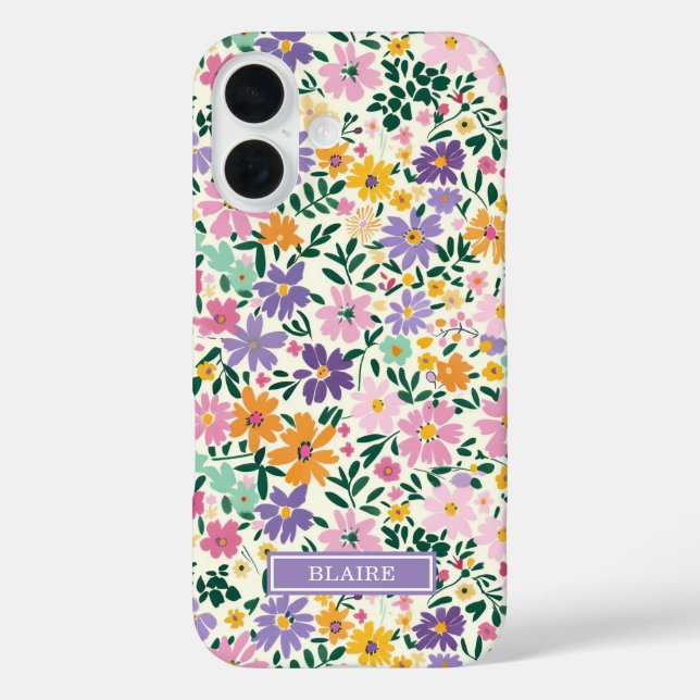 Funda iPhone 16 Monograma de Flores Ditsy Moradas (Reverso )