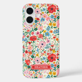 Funda iPhone 16 Monograma de flores ditsy rojas y rosadas