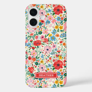 Funda iPhone 16 Monograma de flores ditsy rojas y rosadas