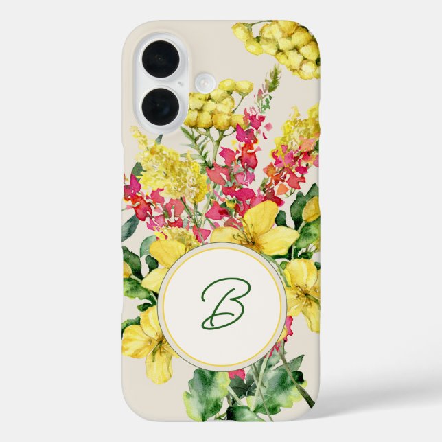 Funda iPhone 16 Monograma de flores silvestres en acuarela (Reverso )