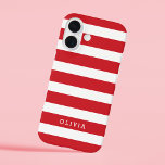Funda iPhone 16 Monograma de franjas clásicas rojas y blancas<br><div class="desc">Proteja su teléfono con estilo con este estuche para iPhone clásico con rayas precoces, con un patrón de rayas atemporales y un nombre o monograma personalizado para un toque sofisticado. Elija entre una variedad de colores y tipos de letra para que coincidan con su estética, tanto si prefiere tonos negrita,...</div>