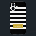 Funda iPhone 16 Monograma de franjas de perrito negro y dorado<br><div class="desc">Patrón de rayas preppies moderno y elegante,  personalizado con un sencillo monograma de nombre clásico en un marco de color contrastante. Haga clic en él para cambiar el tipo de letra y el color del texto y crear uno propio de un diseño único.</div>