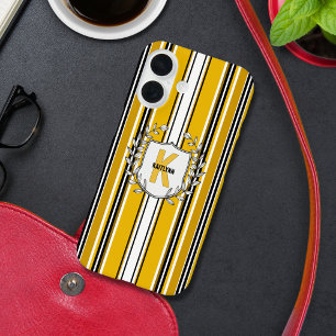 Funda iPhone 16 Monograma de franjas negras amarillas y personaliz