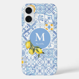 Funda iPhone 16 Monograma de fruta de limón, azulejo azul
