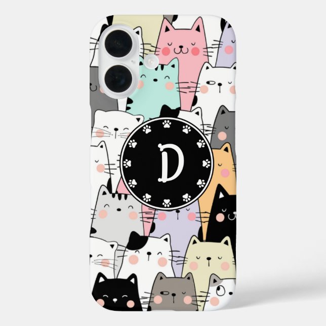 Funda iPhone 16 Monograma de gatos de Ilustracion sin soldadura (Reverso )