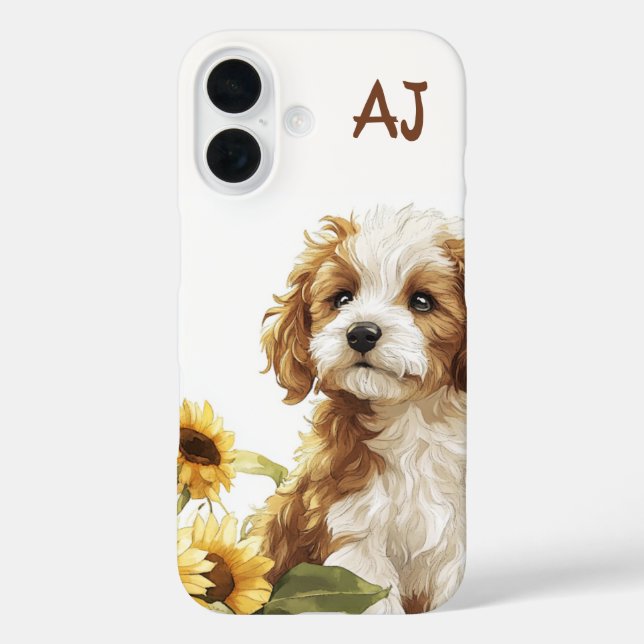 Funda iPhone 16 Monograma de girasoles de cachorro suave (Reverso )
