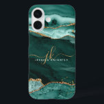Funda iPhone 16 Monograma de guion del Purpurina de oro del Agate<br><div class="desc">Estuche moderno y elegante para teléfonos celulares con acentos turquesa, verde azulado y purpurina de mármol y oro personalizado con iniciales y nombre manuscritos manuscritos de moda. Póngase en contacto con el diseñador a través de Zazzle Chat o makeitaboutyoustore@gmail.com si desea modificar este diseño, en otro producto o si desea...</div>