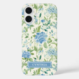 Funda iPhone 16 Monograma de Hortensia Azul Acuarela