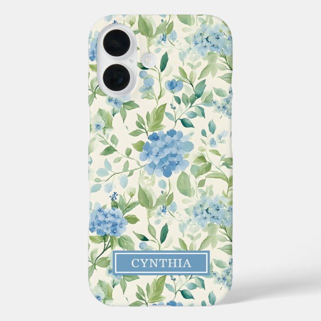 Funda iPhone 16 Monograma de Hortensia Azul Acuarela (Reverso )