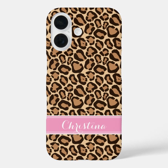 Funda iPhone 16 Monograma de impresión de leopardo rosa y marrón (Reverso )