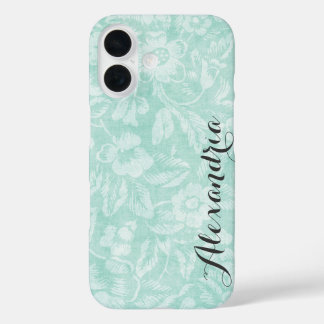 Funda iPhone 16 Monograma de impresión floral Aqua Vintage