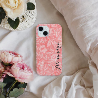 Funda iPhone 16 Monograma de impresión floral de cosecha coral