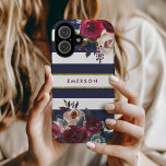 Funda iPhone 16 Monograma de la correa floral de boho de oro y bor<br><div class="desc">Casos de teléfono monogramados por personalizado personalizados con su nombre u otro texto. Este moderno diseño de boho presenta un borde floral de acuarela con colores de otoño rústicos en un fondo marino y rayas blancas con un falso acento de Relieve metalizado dorado. Utilice las herramientas de diseño para elegir...</div>
