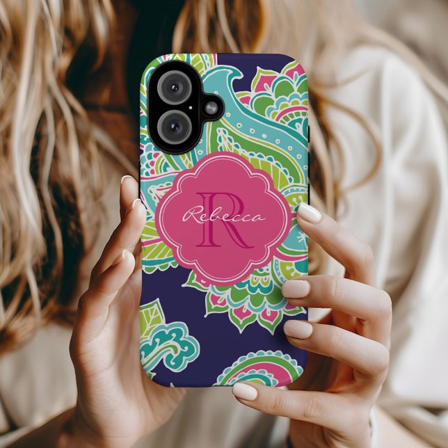 Funda iPhone 16 Monograma de la Marina Bohemian Paisley Personaliz (Subido por el creador)