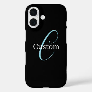 Funda iPhone 16 Monograma de letra cursiva editable negro azul bla