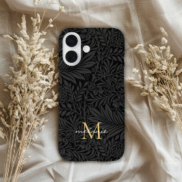 Funda iPhone 16 Monograma de letra script floral negro elegante