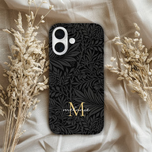Funda iPhone 16 Monograma de letra script floral negro elegante