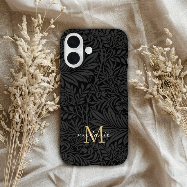 Funda iPhone 16 Monograma de letra script floral negro elegante (Subido por el creador)