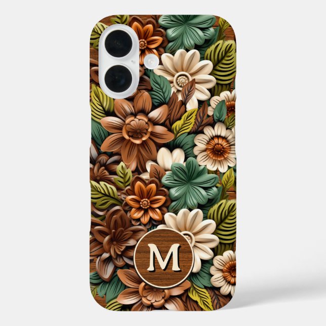Funda iPhone 16 Monograma de madera floral personalizado (Reverso )
