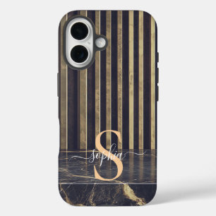 Funda iPhone 16 monograma de mármol negro con brillo dorado