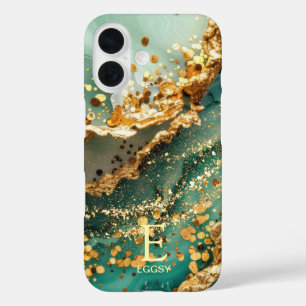 Funda iPhone 16 Monograma de mármol verde brillo dorado chic