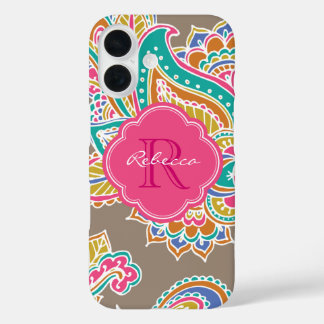 Funda iPhone 16 Monograma de Mocha Bohemian Paisley Personalizado