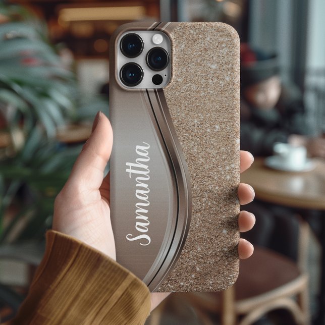 Funda iPhone 16 Monograma de Mocha Mousse Faux purpurina (Subido por el creador)