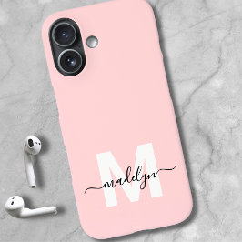 Funda iPhone 16 Monograma de nombre mínimo rosa elegante de Rubor