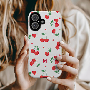 Funda iPhone 16 Monograma de nombre personalizado de Cherry Hearts