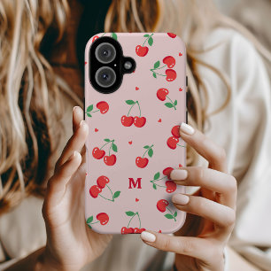 Funda iPhone 16 Monograma de nombre personalizado de Cherry Hearts