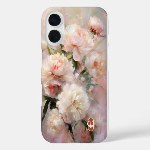Funda iPhone 16 Monograma de nombre personalizado de peonías rosad