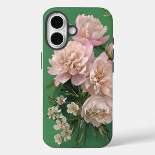 Funda iPhone 16 Monograma de nombre personalizado de peonías rosad