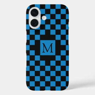 Funda iPhone 16 Monograma de patrón de tablero de cheques azul y n
