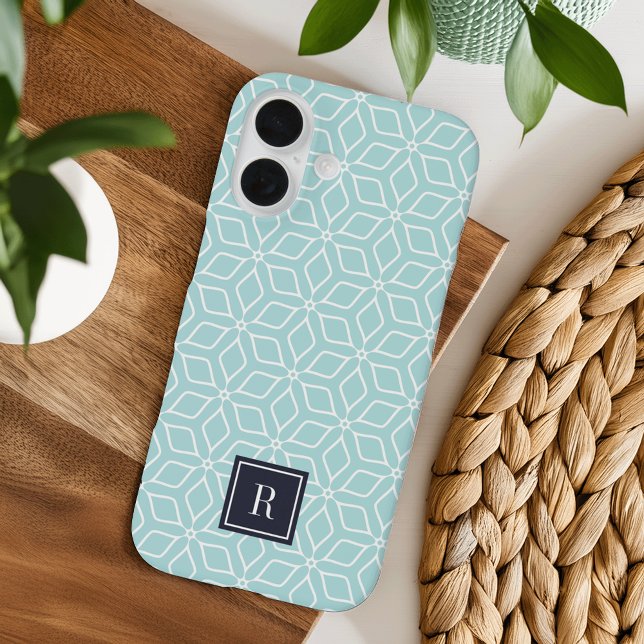 Funda iPhone 16 Monograma de patrón geométrico de menta y marina (Subido por el creador)