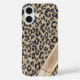 Funda iPhone 16 Monograma de patrón leopardo de Purpurina de moda