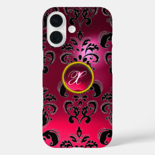 FUNDA iPhone 16 MONOGRAMA DE PIEDRA DE GEMASIA NEGRA ROSA DE FUCHS