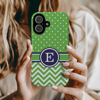 Funda iPhone 16 Monograma de puntos de Chevron verdes y de la mari