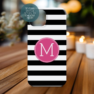 Funda iPhone 16 Monograma de rayas blancas y negras de color rosad