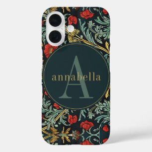 Funda iPhone 16 Monograma de William Morris, floral de amapola roj